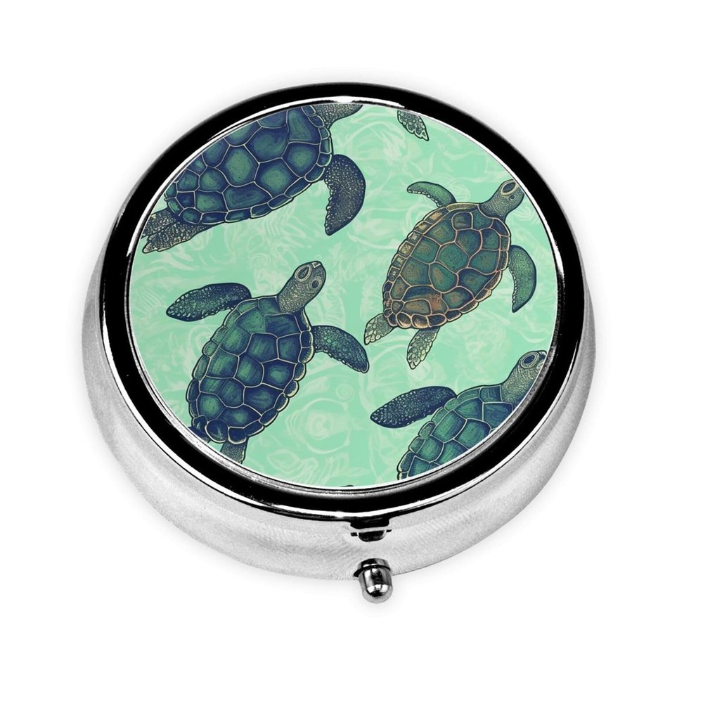 Turtle Print Pill Box Round 3 Compartment Pill Case Portable Travel Pill Organizer Mini Medicine Storage Box for Pocket Purse Metal Decorative Pill Holder for Daily Medicine