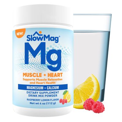 SlowMag Magnesium Powder, Magnesium + Calcium Supplement Drink Mix, Raspberry Lemon Flavor, Supports Muscle Relaxation & Heart Health, 4oz