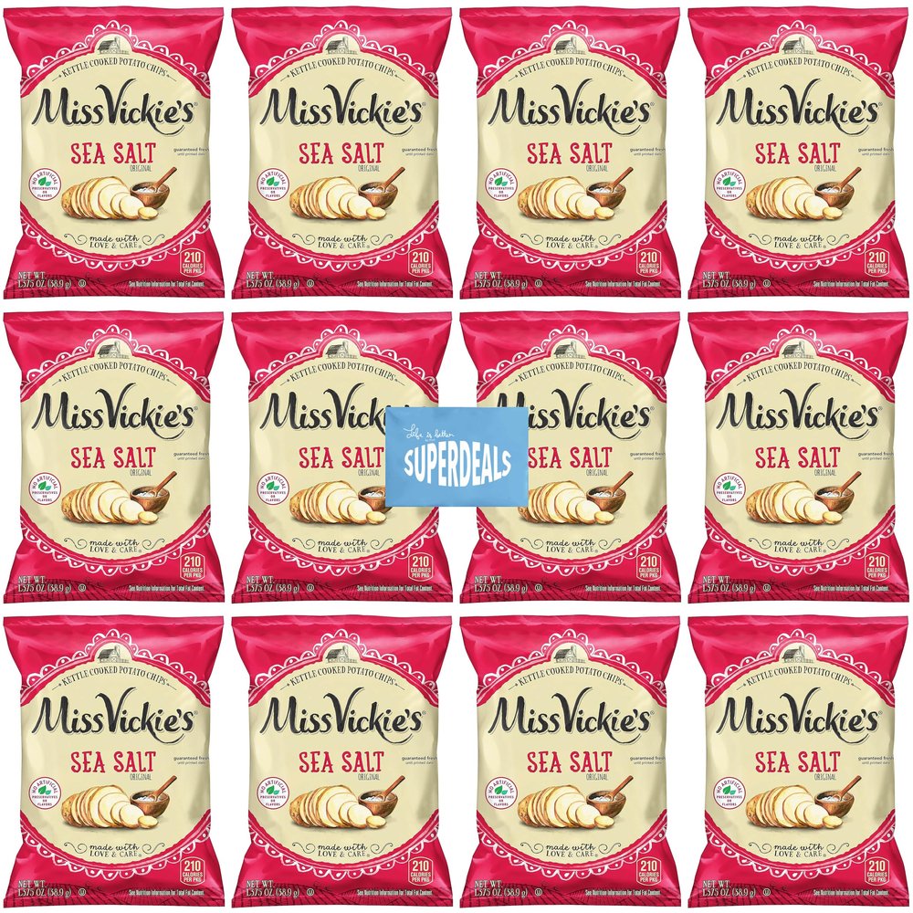 Kettle Cooked Potato Chips by Miss Vickie's Value Pack Bundled by SUPERDEALS | 1.375 Oz Bag | Sea Salt | Pack of 12 with mystery bonus gift