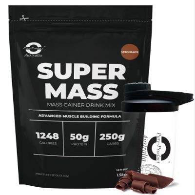 Pure Product Australia - Super Mass Gainer Protein Powder - 50g Protein per Serving, 250g Carbs, Supports Muscle Gain & Recovery 10.5Kg (22 lbs) Chocolate + Glass Shaker