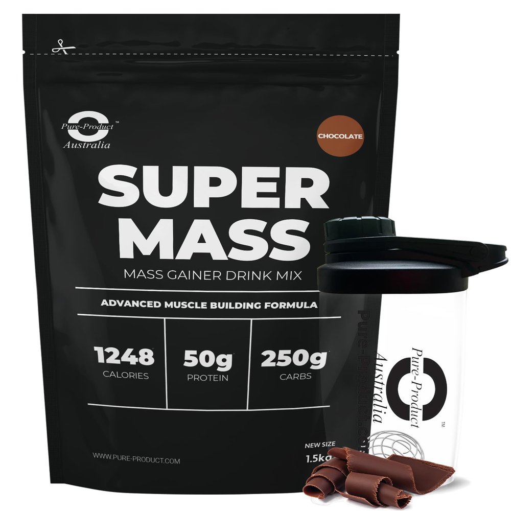 Pure Product Australia - Super Mass Gainer Protein Powder - 50g Protein per Serving, 250g Carbs, Supports Muscle Gain & Recovery 10.5Kg (22 lbs) Chocolate + Glass Shaker