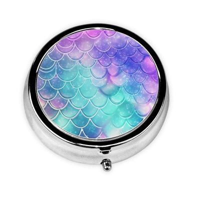 Mermaid Scale Print Pill Box Round 3 Compartment Pill Case Portable Travel Pill Organizer Mini Medicine Storage Box for Pocket Purse Metal Decorative Pill Holder for Daily Medicine