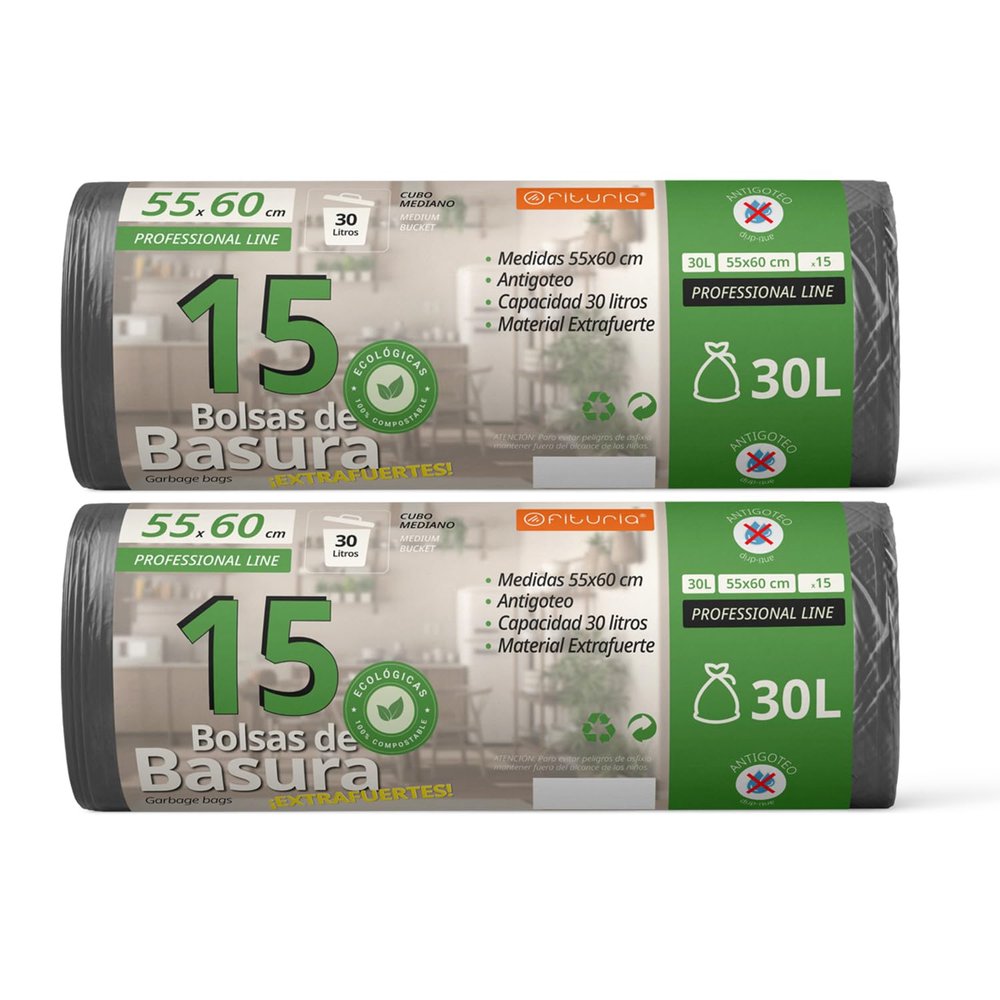Trash Bags, Trash Bags, 30L, Durable, 100% Recycled and Recyclable Material, Leakproof, Easy Self-Closing Bags, Suitable for All Types of Waste, 55 x 60 cm Ophituria (30 Bags, 30L)