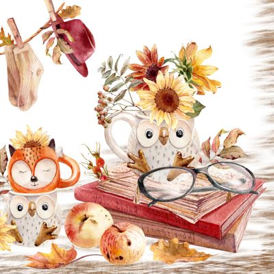 20 Napkins Autumn Cups with Animal Motif Table Decoration Paper Napkins with Motif Also for Decoupage and Decoupage 33 x 33 cm