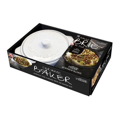 Gourmet du Village, White Ceramic Brie Baker with Handles Gift Set with Fig PistachioTopping