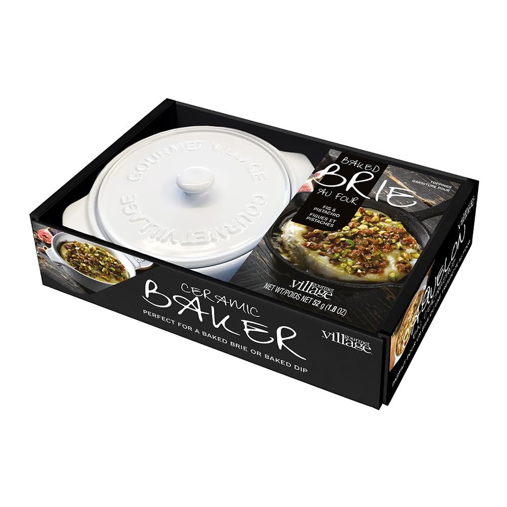 Gourmet du Village, White Ceramic Brie Baker with Handles Gift Set with Fig PistachioTopping