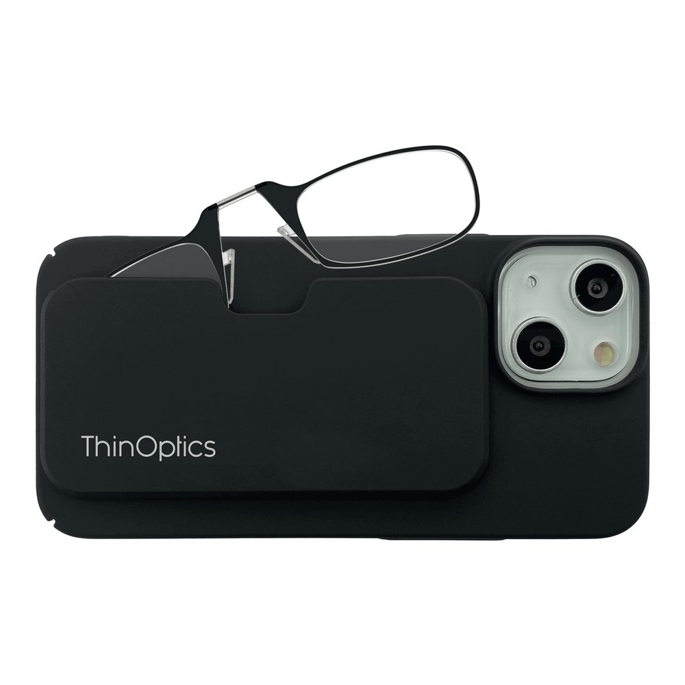ThinOptics Slimline Rectangular Reading, iPhone 15 Plus Case/Black Glasses, 44 mm + 2.5