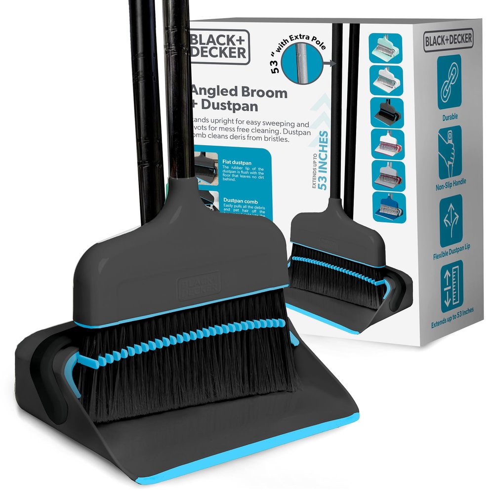 BLACK+DECKER Butler Broom & Dustpan Set - Short Handle, Stand-Up Design - Lightweight, Space-Saving Combo for Kitchen, Living Room, Bathroom, Lobby Floors - Home Cleaning Essential, Black/Blue