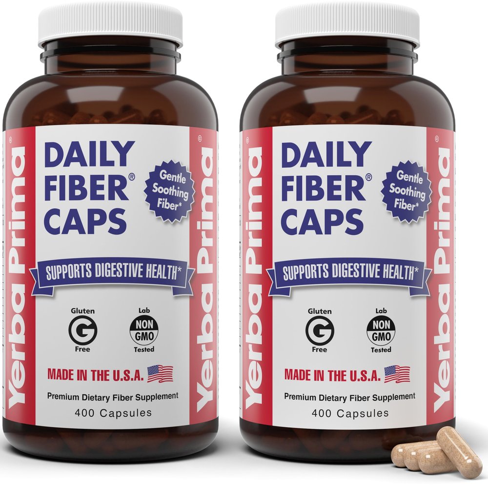 Yerba Prima Daily Fiber Caps Formula 400 Capsules (Pack of 2) - Both Soluble/Insoluble Fiber with Psyllium Seed Husks, Acacia Gum, Apple Fiber Supplement