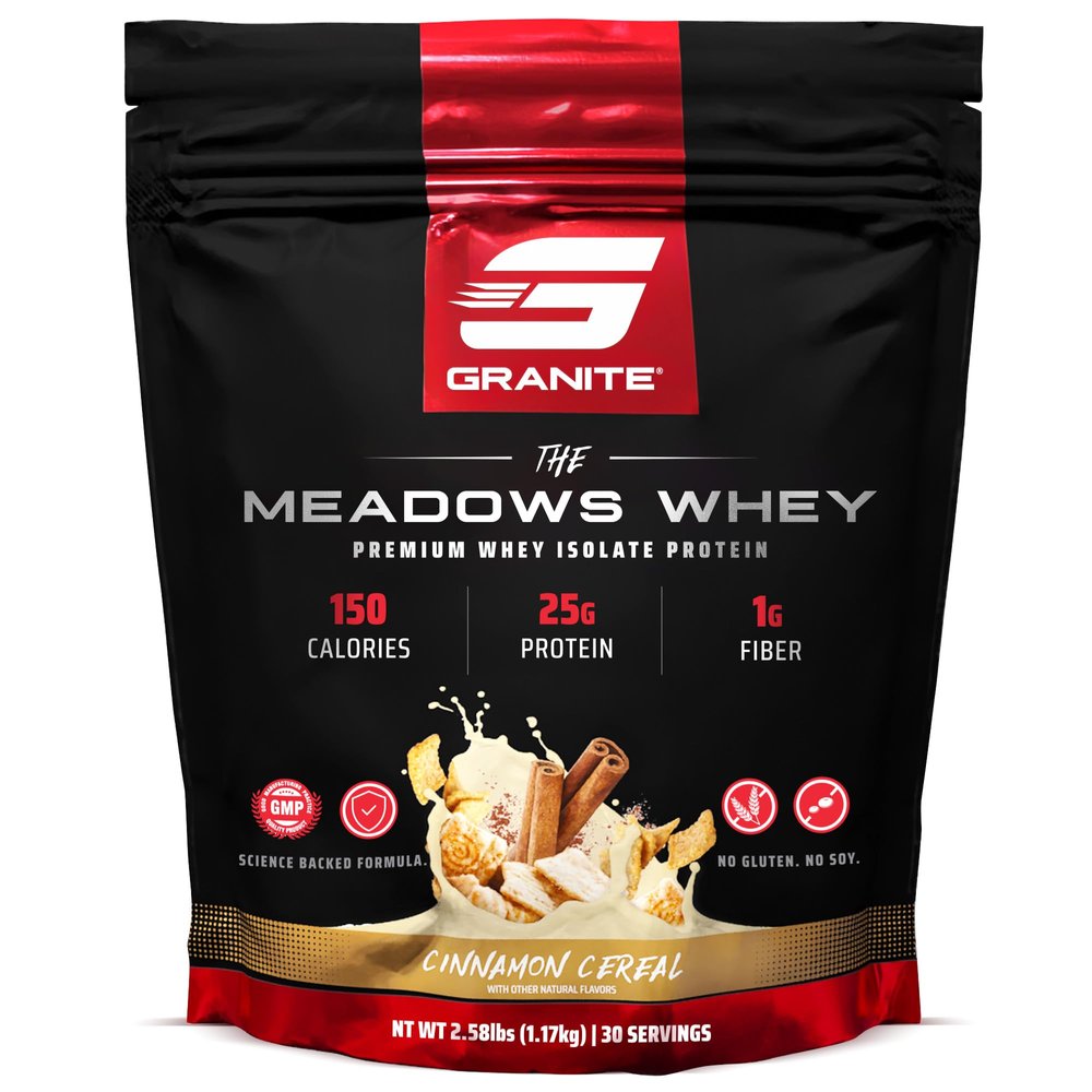 Granite Supplements The Meadows Whey Protein Isolate Protein Powder for Lean Muscle with 150 Calories, 2g Fiber, 1g Sugar (30 Servings), Cinnamon Cereal Flavor