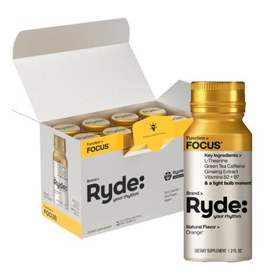 Ryde: Focus Shot | Orange Flavor | L-Theanine & Ginseng | Green Tea Caffeine | Vitamins B2 & B7 | 0 Calories, 0 Sugar | 2 FL OZ Shots | Supports Focus* (8 Pack)