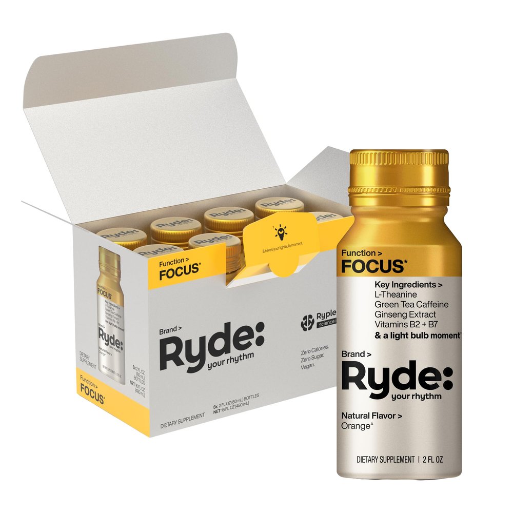 Ryde: Focus Shot | Orange Flavor | L-Theanine & Ginseng | Green Tea Caffeine | Vitamins B2 & B7 | 0 Calories, 0 Sugar | 2 FL OZ Shots | Supports Focus* (8 Pack)