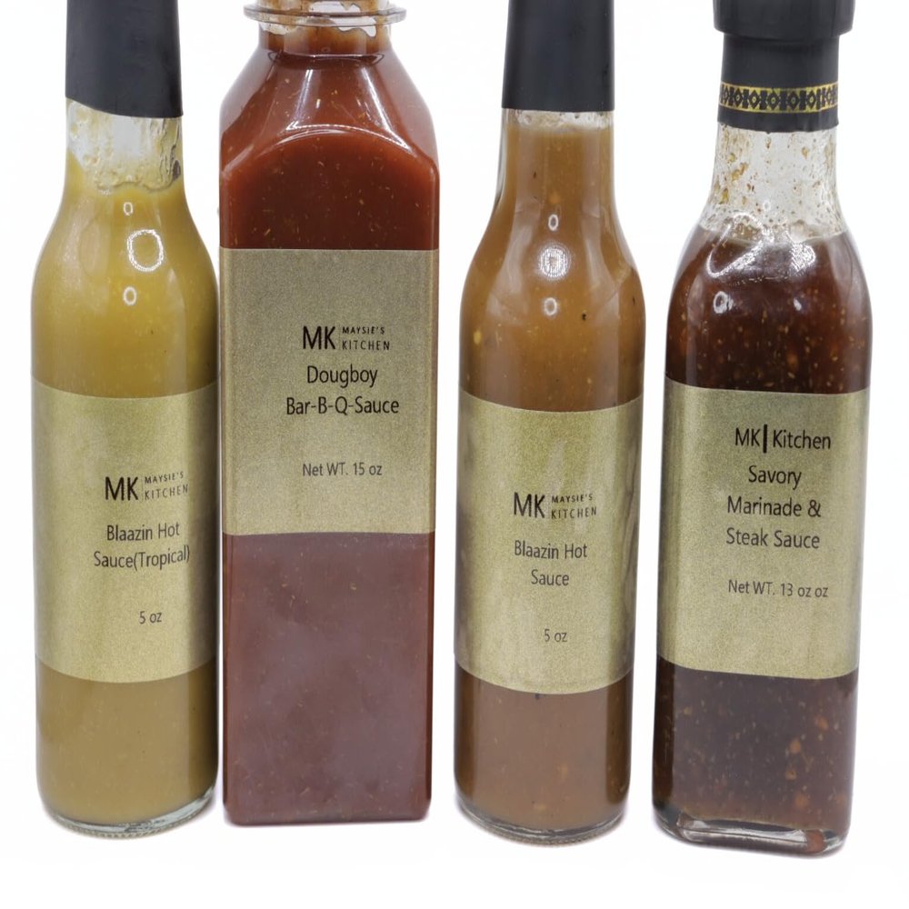 Maysies Kitchen Sauce Variety Sampler Gift Set - 4-Pack Bottles - All Natural & Gluten Free - Sweet & Spicy BBQ Sauce, Blaazin Hot Sauce (2 Varieties), and Steak/Marinade Sauce - Made in the USA