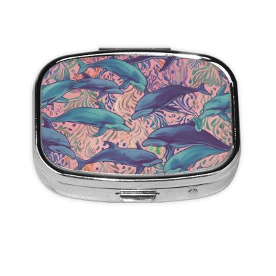 Colorful Dolphins Print Pill Box Square 3 Compartment Pill Case Portable Travel Pill Organizer Mini Medicine Storage Box for Pocket Purse Metal Decorative Pill Holder for Daily Medicine