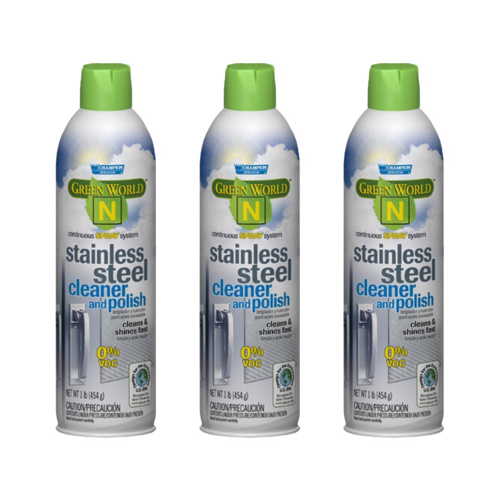Green World N Logo Champion Sprayon Stainless Steel Cleaner & Polish. 3 Pack - 14oz. Net Can.