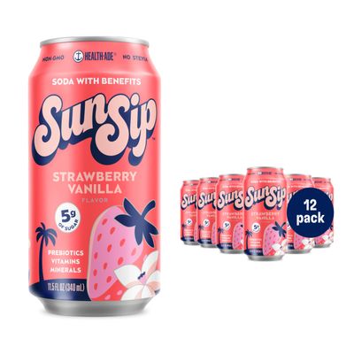 SunSip Prebiotic Soda by Health-Ade, Better-for-You Soda Swap, Beverage with Vitamins and Minerals, Naturally Sweetened with 5g of Sugar, Strawberry Vanilla, 11.5 oz (12 Pack)