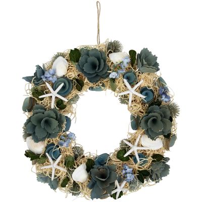 Northlight Floral Starfish and Seashells Artificial Wreath, 12", Blue