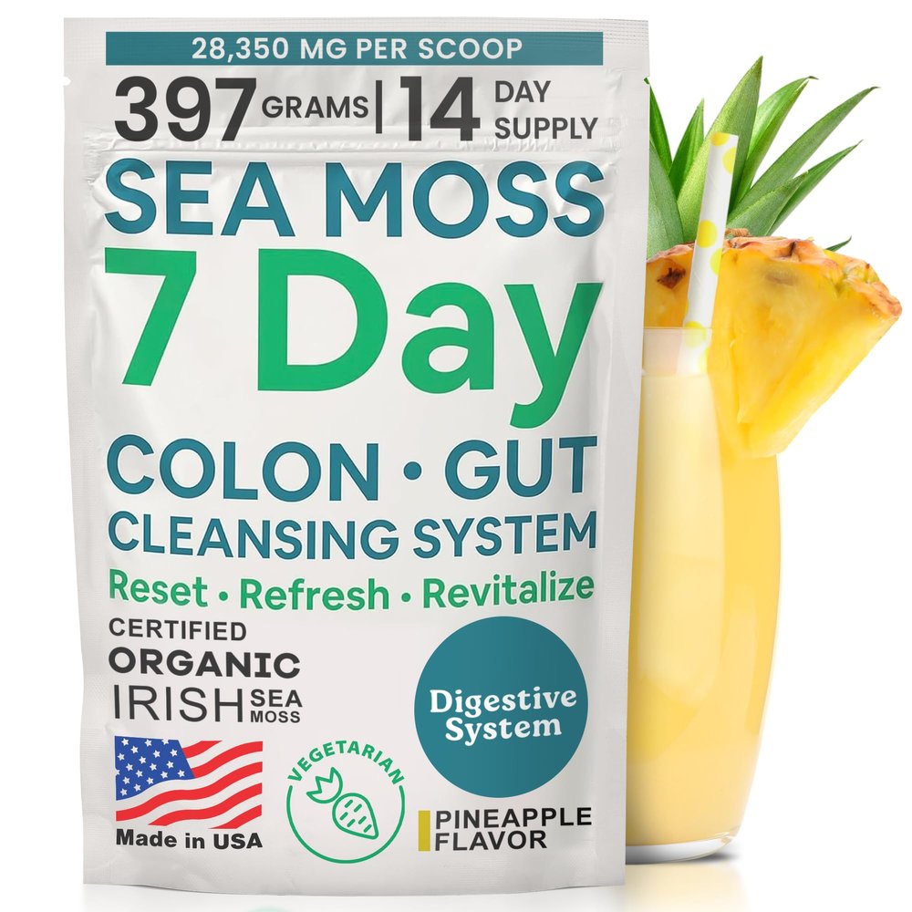 Atlantic Naturals Sea Moss 7-Colon Cleanse Powder | Formulated with Psyllium Husk, Fiber, & Senna Powder | Supports Immune & Gut Health for Women & Men, Pineapple Flavor Drink Mix, 14 oz
