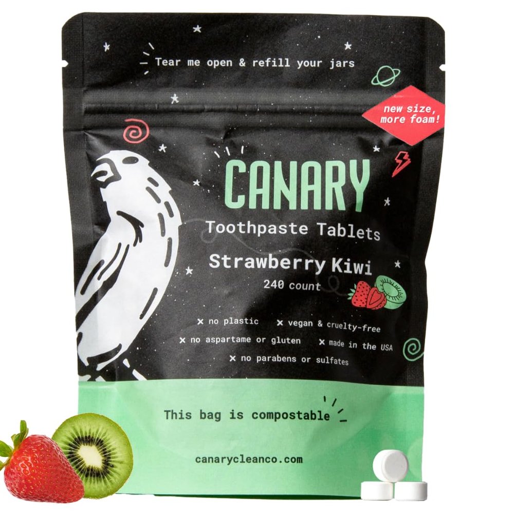 Canary Nano Hydroxyapatite Toothpaste Tablets Strawberry Kiwi - Remineralizing, Fluoride Free, All Natural Tabs with Xylitol - Great for Kids, Plastic Free - 240 Count