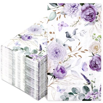 100Pcs Floral Guest Napkins Watercolor Purple Flower Butterfly Disposable Napkins Decorative Hand Towel Paper Napkin for Bathroom Spring Wedding Birthday Party Supplies Table Decor