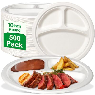 100% Compostable Paper Plates, 500 Pack 10 Inch 3 Compartment Disposable Plates, Eco-Friendly Heavy Duty Biodegradable Plates for Picnics, Dinner, Birthday Party, Camping, BBQ