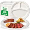 100% Compostable Paper Plates, 500 Pack 10 Inch 3 Compartment Disposable Plates, Eco-Friendly Heavy Duty Biodegradable Plates for Picnics, Dinner, Birthday Party, Camping, BBQ view 1
