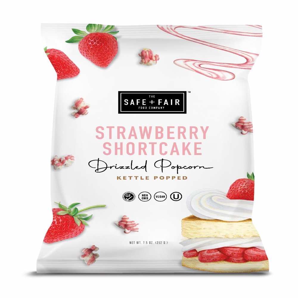 Safe + Fair Food Company Plant-Based Gourmet Strawberry Flavored Popcorn - Strawberry Shortcake Drizzled Kettle Corn Popcorn - Non-GMO + Gluten-Free Snacks,5.5oz