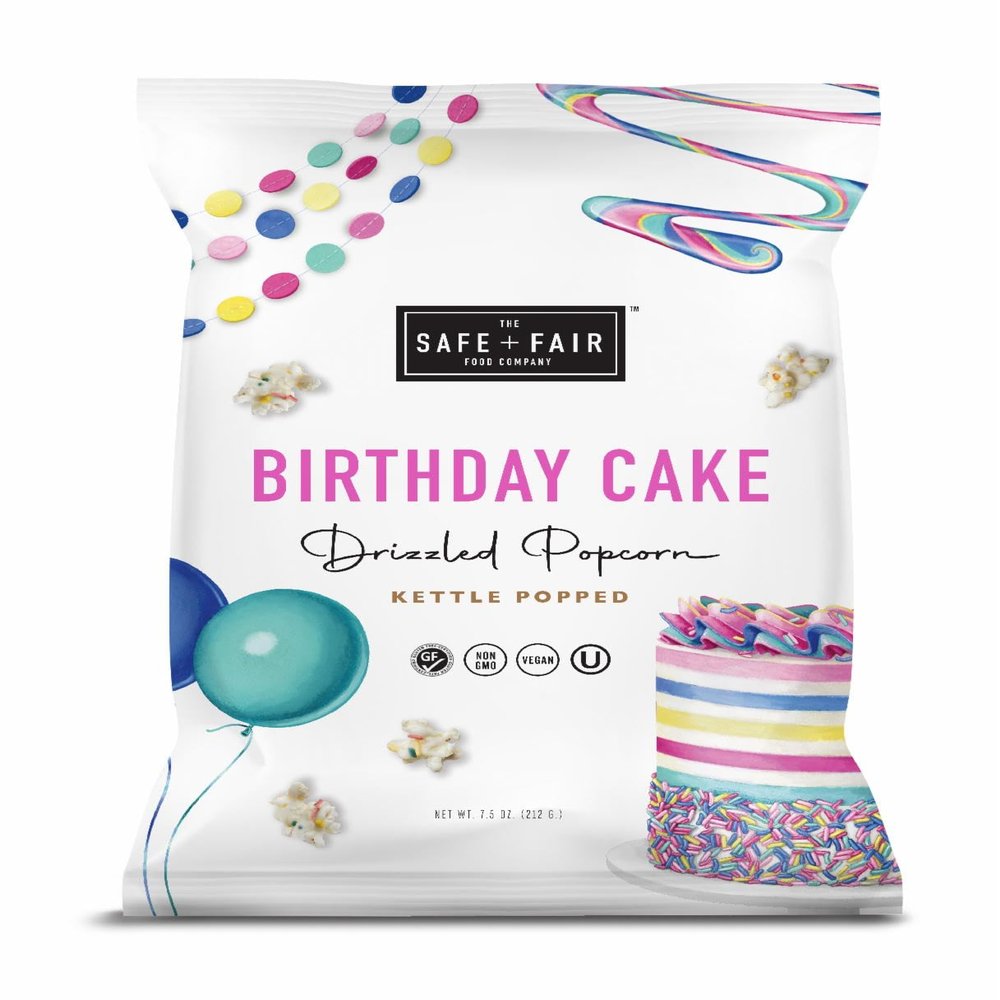 Safe + Fair Birthday Cake Drizzled Popcorn - Gluten-Free, Dairy Free and Vegan Snack - Free From Top 9 Allergens and Artificial Ingredients  Non GMO, Plant Based Kettle Popped Corn, 5.5 oz