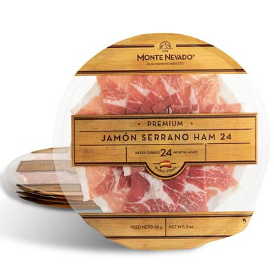 Monte Nevado Serrano Sliced Ham - 3 oz Each, Pack of 14 Plates - 24 Months Avg Curing Time - Authentic Spanish Jamon Serrano - Ready to Eat, Great Gift or Special Occasion Tapas Snack