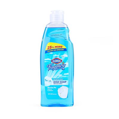 CLOROX Fraganzia Liquid Dish Soap | Smells Great and Cuts Through Tough Grease Fast | Quick Rinsing formula Washes Away Dirt | A Powerful Clean You Can Trust, Morning Sky Scent, 12 Ounces
