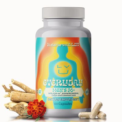 LUV Everyday Mens 50+ Multivitamin - Adult Formula Daily Nutritional Support with Iron, Calcium, KSM-66 Ashwaganda, CoQ10, Lycopene, and Lutemax 2020- Vegetarian Gluten-Free & Non-GMO - 60 Capsules