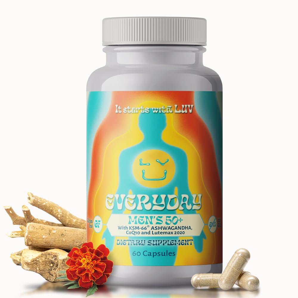 LUV Everyday Mens 50+ Multivitamin - Adult Formula Daily Nutritional Support with Iron, Calcium, KSM-66 Ashwaganda, CoQ10, Lycopene, and Lutemax 2020- Vegetarian Gluten-Free & Non-GMO - 60 Capsules