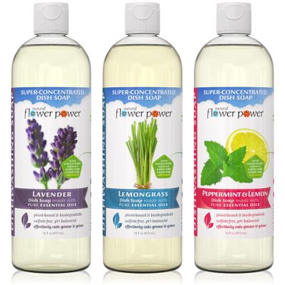Natural Flower Power - Plant-Derived Dish Soap - Sulfate-Free, Bio-Based, pH-Balanced, Vegan Cleaning Supplies - Variety Pack - Lavender + Lemongrass + Peppermint & Lemon - 3 x 16 oz