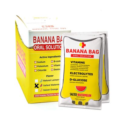 Banana Bag Oral Solution Packets Salted Watermelon 30pk | A Refreshing Blend of Electrolytes, Vitamin C, and B-Complex for Hydration and Energy. Convenient, Easy-to-Mix, and Perfect for Daily Use.