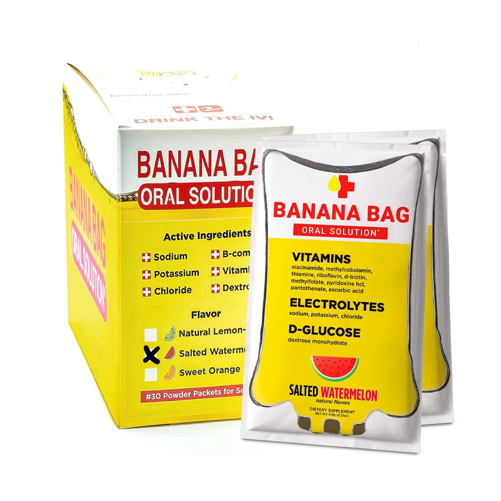 Banana Bag Oral Solution Packets Salted Watermelon 30pk | A Refreshing Blend of Electrolytes, Vitamin C, and B-Complex for Hydration and Energy. Convenient, Easy-to-Mix, and Perfect for Daily Use.