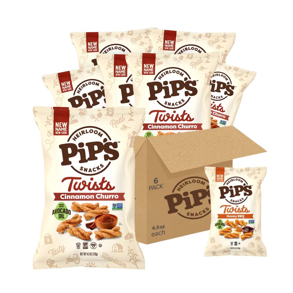 Pips Heirloom Cinnamon Churro Twists  4.5 oz Bags (6 pk)  Better For You Sweet Snacks Made With Heirloom Corn & Avocado Oil  Light & Crispy, Gluten Free, Non-GMO