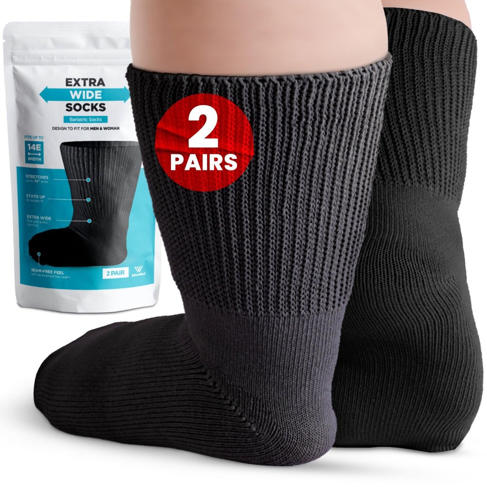 Bariatric Socks Extra Wide, Extra Wide Socks for Swollen Feet, Diabetic and Lymphedema, Non-Binding - 2 Pairs