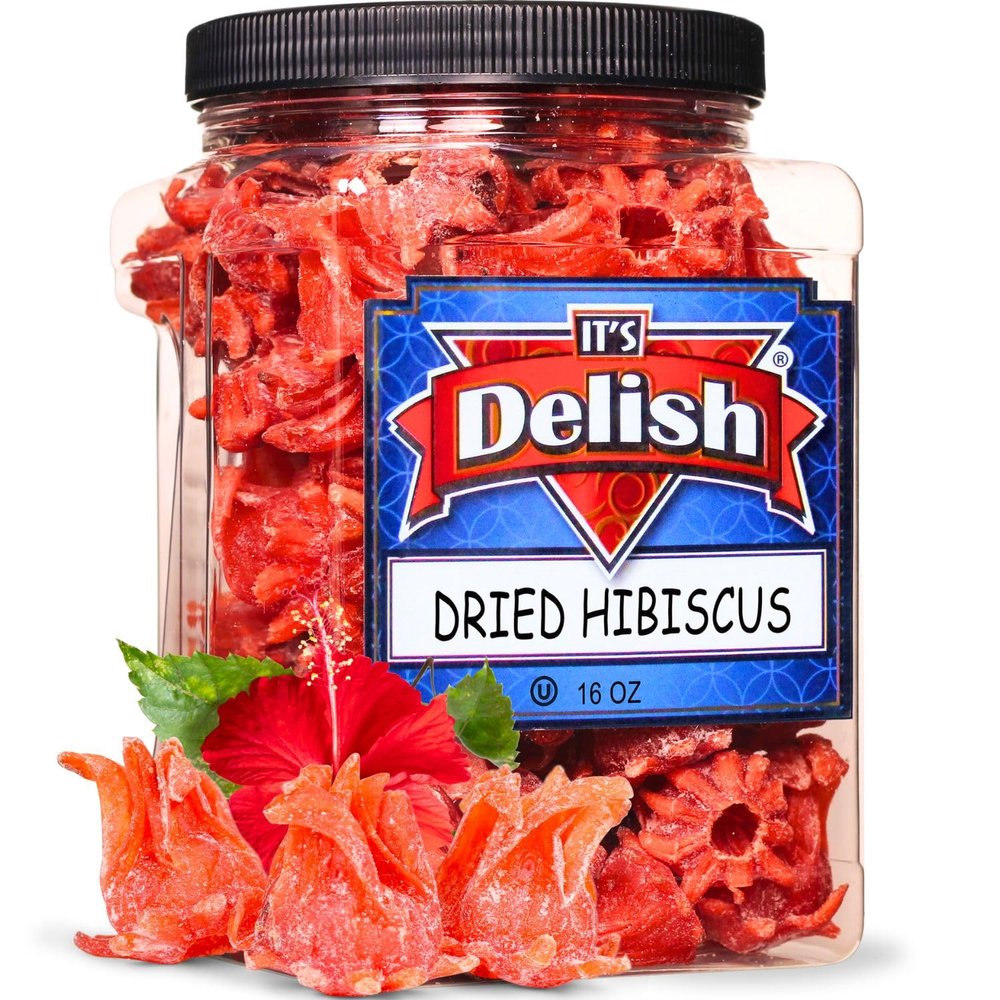 Dried Candied Hibiscus Flowers Edible by Its Delish, 16 OZ Jumbo Container | Sweetened Dried Hibiscus Flower for Tea Cocktail Drinks Garnish Dehydrated Fruit | Edible Roses | Vegan & Kosher