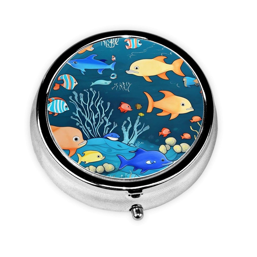Blue Underwater World of Fishround Pill Box, 3 Compartments Round Pill Box Organizer for Purse Or Pocket, Portable Travel Pill Box