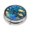 Blue Underwater World of Fishround Pill Box, 3 Compartments Round Pill Box Organizer for Purse Or Pocket, Portable Travel Pill Box view 2