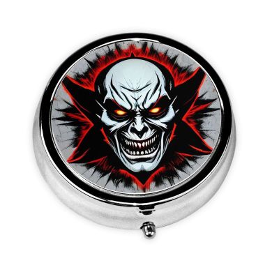 Red and Black Evil Ghostround Pill Box, 3 Compartments Round Pill Box Organizer for Purse Or Pocket, Portable Travel Pill Box