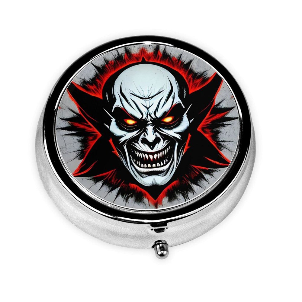 Red and Black Evil Ghostround Pill Box, 3 Compartments Round Pill Box Organizer for Purse Or Pocket, Portable Travel Pill Box