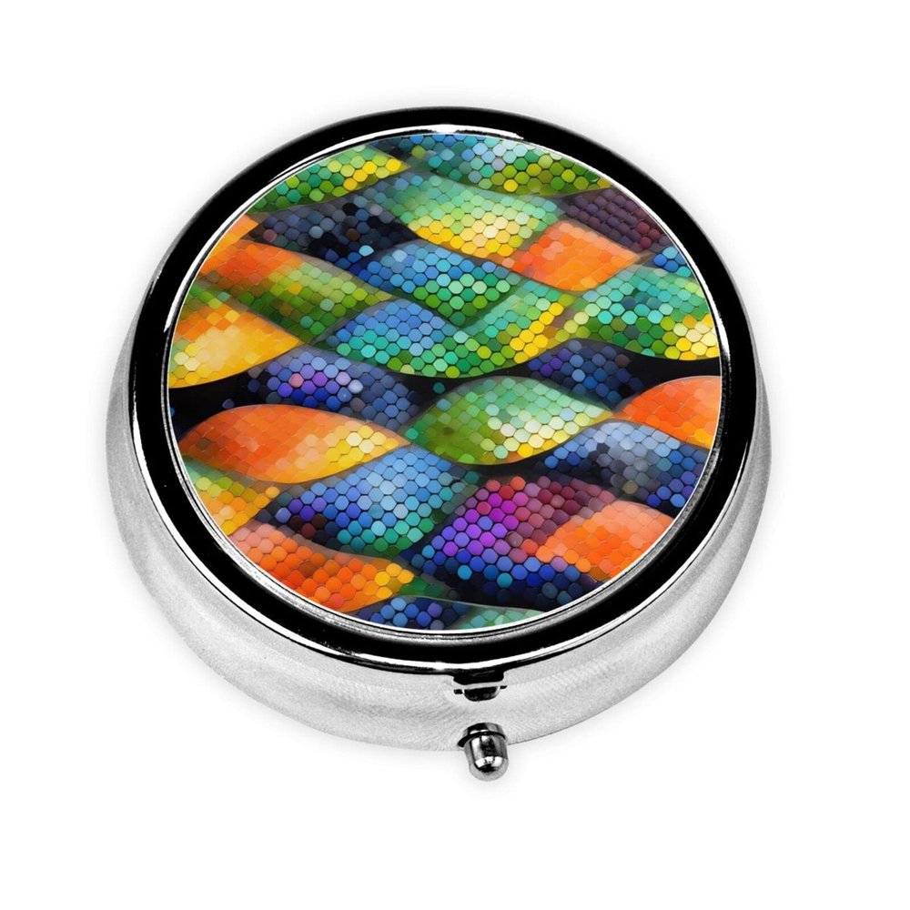 Rainbow Fish Scaleround Pill Box, 3 Compartments Round Pill Box Organizer for Purse Or Pocket, Portable Travel Pill Box