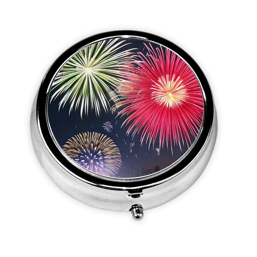 Splendid Fireworksround Pill Box, 3 Compartments Round Pill Box Organizer for Purse Or Pocket, Portable Travel Pill Box