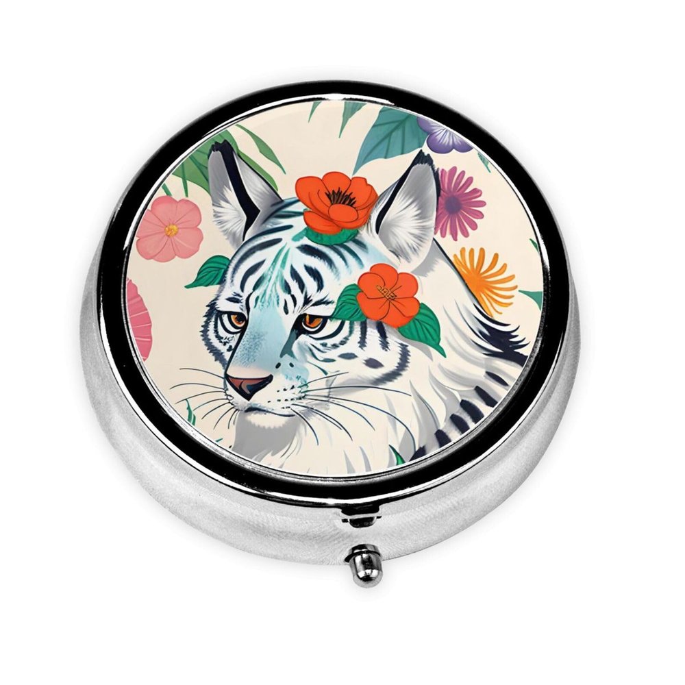 Cute White Tigerround Pill Box, 3 Compartments Round Pill Box Organizer for Purse Or Pocket, &*Portable Travel Pill Box