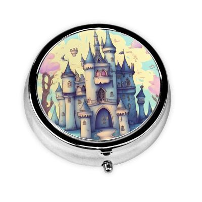 Fairytale Castleround Pill Box, 3 Compartments Round Pill Box Organizer for Purse Or Pocket, Portable Travel Pill Box