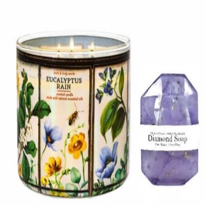 White Barn - Bath & Body Works- 3-Wick Scented Candle 14.5 OZ Burns 25-45 Hours with Diamond Soap Natural (Eucalyptus Rain)