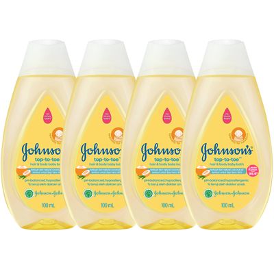 Johnson's Top-to-Toe Baby Wash and Shampoo, 4 Pack 3.38 oz. Travel Size Bottles, Natural Coconut Oil Gentle Hair and Body Baby Bath with Tear-Free Formula, Free of Parabens, Sulfates and Dyes
