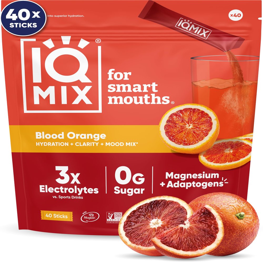 IQMIX Hydration Electrolyte Powder 4-in-1 Formula for Hydration, Mental Clarity, Mood and Recovery Sugar-Free Drink Mix, Keto, Magnesium L-Threonate, Lions Mane 40 Count Blood Orange