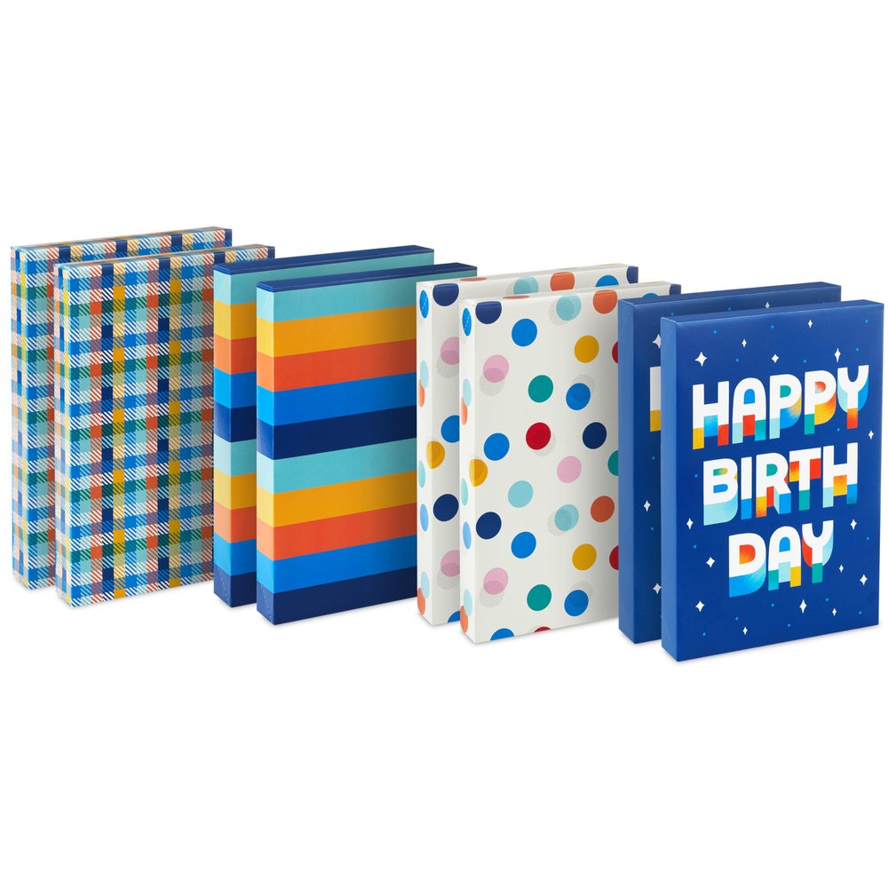 Hallmark Designed Shirt Boxes with Lids (8 Boxes: 2 Each of Orange and Blue Stripes, Plaid, Dots, Happy Birthday) for Birthdays, Father's Day, Graduations